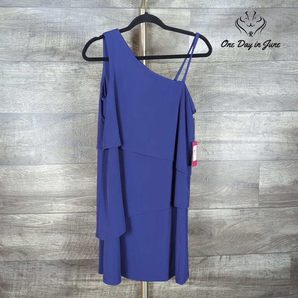 Vince Camuto One Shoulder Tiered Ruffle Cocktail Mini Dress Navy NWT Size 8